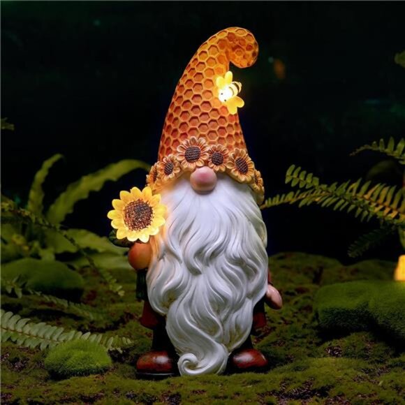 Garden Gnomes Outdoor - Sunflower Gnome Statue with Solar...